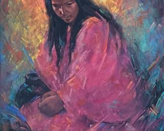 "Santa Clara Pot", an original pastel by listed artist, Dee Toscano. Professionally framed and measures in frame, 39” H x 31” W. Dolores Anita (Dee) Burgess Toscano, a painter and sculptor of Indians and other Western subjects, was born February 19, 1932, in Fort Worth, Texas, growing up there and in Lubbock and Odessa, Texas.

