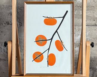 "Persimmons", a limited edition lithograph by listed artist, Henry Evans. Edition 62/450 and signed in pencil circa 1981. Professionally framed and measures in frame, 21” H x 14” W. Henry Evans (1918-1990) was a San Francisco Bay Area artist and printmaker known for his minimalist style botanical images. In 1949 he established the Peregrine Press in San Francisco where he began making books and prints for local Bay Area artists.

