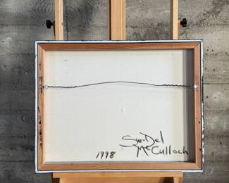 This lot features an original work of art by listed Oregon artist, Sue-Del McCulloch circa 1998. This work measures, 22” H x 28” W. Sue-Del McCulloch is a Portland, Oregon-based artist known for her vibrant, energetic paintings often featuring bold colors, expressive textures, and themes of nature and transformation, particularly evident in her featured work for the Coraline’s Curious Cat Trail public art project in 2024, showcasing her unique style with iridescent acrylics and jungle cat markings. She’s exhibited in galleries, including Waterstone Gallery, and her work blends landscape elements with imaginative design, drawing on influences like the Blue Rider Group for color and movement. 

