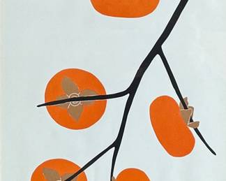 "Persimmons", a limited edition lithograph by listed artist, Henry Evans. Edition 62/450 and signed in pencil circa 1981. Professionally framed and measures in frame, 21” H x 14” W. Henry Evans (1918-1990) was a San Francisco Bay Area artist and printmaker known for his minimalist style botanical images. In 1949 he established the Peregrine Press in San Francisco where he began making books and prints for local Bay Area artists.

