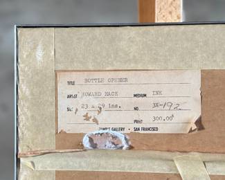 "Bottle Opener", an original ink on paper by listed artist, Howard Hack. This piece comes professionally framed and measures in the frame, 23.5” H x 29.5” W. Howard Edwin Hack (July 6, 1932 – June 11, 2015) was an American representational painter and graphic artist, with works in numerous museum collections. Known for an innovative approach to a variety of media, as well as use of traditional oil paints, Hack began working in the late 1940s.

