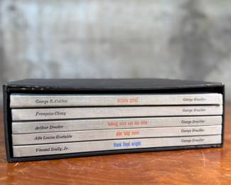 "Masters of World Architecture", a 1960 box set of six volumes, published by George Braziller. The set features works by renowned architects: Le Corbusier, Frank Lloyd Wright, Pier Luigi Nervi, Antonio Gaudí, Ludwig Mies van der Rohe, and Alvar Aalto.

