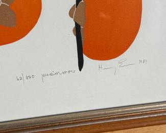 "Persimmons", a limited edition lithograph by listed artist, Henry Evans. Edition 62/450 and signed in pencil circa 1981. Professionally framed and measures in frame, 21” H x 14” W. Henry Evans (1918-1990) was a San Francisco Bay Area artist and printmaker known for his minimalist style botanical images. In 1949 he established the Peregrine Press in San Francisco where he began making books and prints for local Bay Area artists.

