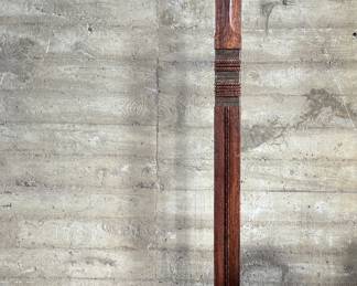 This lot features an incredible mahogany and copper sculpture by listed Oregon artist, Monica Setziol-Phillips. This piece sits in a custom iron base and measures, 75” H x 18” W x 13” D. Monica Setziol-Phillips has a B.A. degree in foreign languages from Portland State University. Monica who is married to Oregon Shakespeare Festival actor, Josiah Phillips, and daughter of well rememberd sculptor, Le Roy Setziol has been weaving for over 35 years and carving for over 20 years. Her work is in many private collections in many states. She also has work in puplic spaces, most recently three of her pieces were chosen for The Allison, the new resort in Newberg. In October of 2009 Monica finished a major work for the new Civic Hall in McMinnville, Oregon. For a number of years she has participated in the Sitka Art Invitational.

