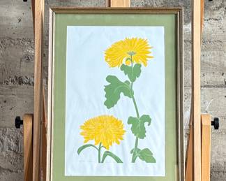 "Dahlia", a limited edition lithograph by listed artist, Henry Evans. Edition 190/245, signed in pencil, professionally framed, and measures in frame, 23.25” H x 17” W. Henry Evans (1918-1990) was a San Francisco Bay Area artist and printmaker known for his minimalist style botanical images. In 1949 he established the Peregrine Press in San Francisco where he began making books and prints for local Bay Area artists.

