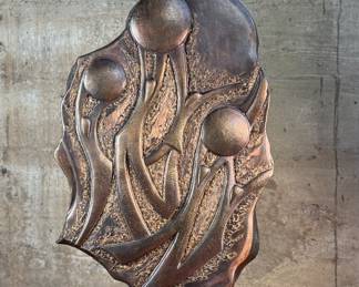 This lot features a stunning artist proof sculpture by listed artist, John Richen. Signed as shown in photos, circa 1995. This sculpture measures, 29” H x 16” W x 8” D. John Matthew Richen has been a professional sculptor since graduating from Oregon State University in 1970. His expertise in metal fabrication brought him immediate acknowledgement from the international art world. In the late 90’s he designed his studio in Borrego Springs, California, a small peaceful community that provides year-round work conditions and inspiration from the desert landscape. In addition to bronze, stainless steel and aluminum this innovative sculptor also incorporates Cor-ten steel, granite, fused glass, water and lighting into selected works.

