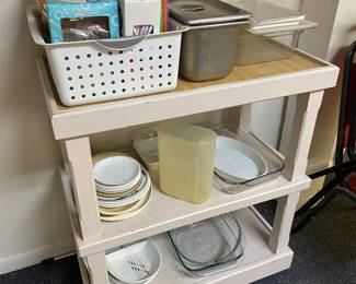 Shelving cart on wheels, Pyrex, Dishes