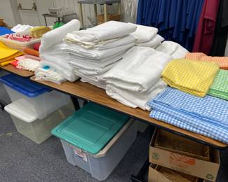 Large Assortment of Tablecloths, Storage Bins 