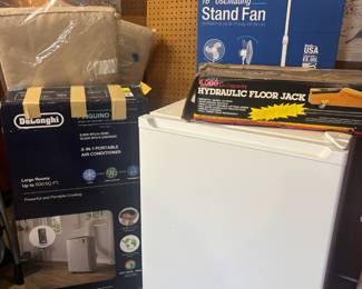 De'Longhi Pinguino 3-in-1 Portable Cir Conditioner, Lasko 16" Oscillating Stand Fan, 4000 lb Capacity Hydraulic Floor Jack, GE Mini Refrigerator 