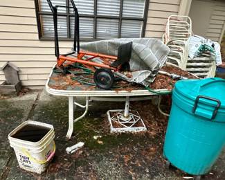 Patio table & chairs, hand truck, outdoor trash can