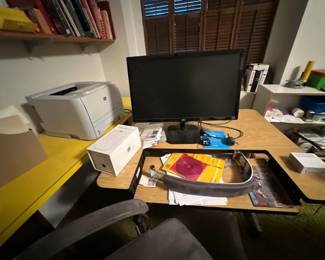 Printer, desk, computer monitor