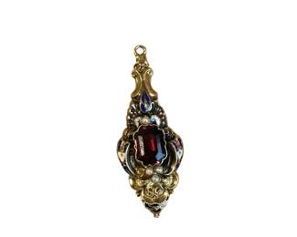 Beautiful Gold multi precious stone, enamel, and pearl pendant 