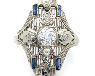 0.93 Carat Natural Diamond & Sapphire 1930's Art Deco Estate Ring in 18k White Gold
