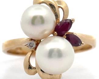 Estate White Cultured Pearl, Ruby & Natural Diamond Cluster Bouquet Ring in 14k Yellow Gold
