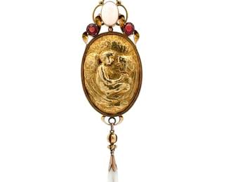 2.30 Carat Natural Opal & Garnet Antique Art Nouveau 1910 Estate Pendant in 14k Gold

