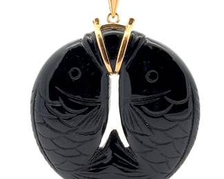 Black Onyx Carved Koi Fish Estate Pendant in 14k Two-Tone Gold
