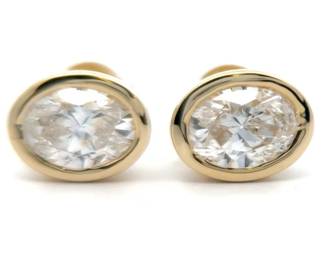 Modern 2 Carat Diamond Oval Bezel Solitaire Stud Earrings in 14k Yellow Gold
