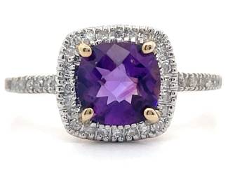 Checkerboard Amethyst & Natural Diamond Halo Ring in 14k Gold
