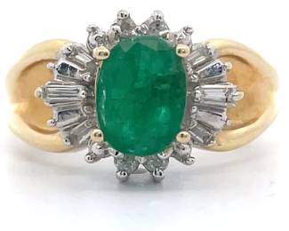 0.97 Carat Natural Emerald & Natural Diamond Ballerina Cluster Estate Ring in 14k Yellow Gold 
