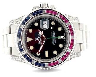Rolex GMT-Master II Custom "Cotton Candy" Natural Diamond, Sapphire, and Ruby Bezel Watch - Stainless Steel w/ Box
