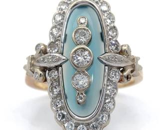 Natural Diamond & Enamel Oblong Vintage Ring in 14k Two-Tone Gold
