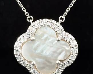 Mother of Pearl & Natural Diamond Four-Petal Flower Pendant Necklace
