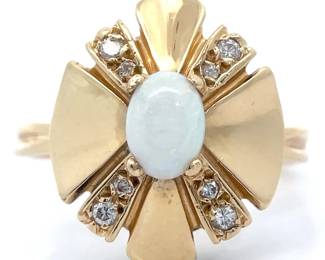 White Opal & Natural Diamond Retro Convertible Ring/Pendant in 14k Yellow Gold
