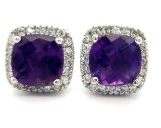 Checkerboard Amethyst & Natural Diamond Halo Earrings in 14k White Gold
