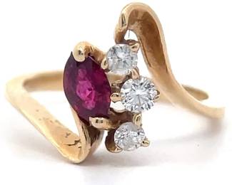 0.43 Carat Marquise Ruby & Natural Diamond Three-Stone Ribbon Bypass Ring in 14k Yellow Gold