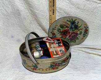 Oval Tin Sewing Basket with Contents $10.00