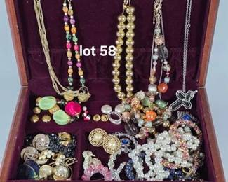 Wood jewelry box and collection of costume jewelry