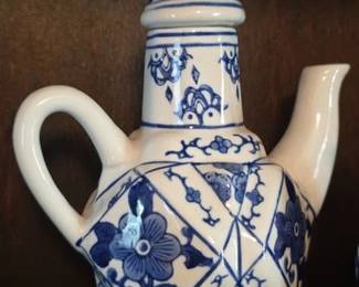 Blue white teapot and other collectibles
