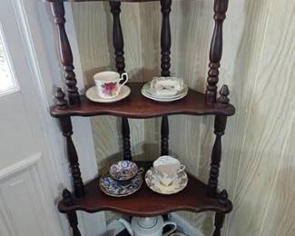 Vintage corner shelf, collector cups and saucers, teapot, cream and sugar