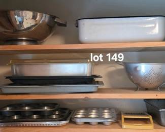 3 shelf lot of cookware and bakeware