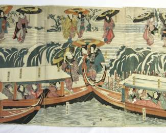 Utagawa Toyokuni "A Theatrical Scene" Woodblock Print Triptych