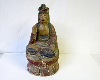 16th-17th C. Ming Dynasty Carved Wood Polychrome Seated Guanyin Statue