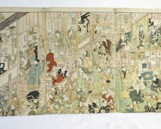 Utagawa Toyokuni "The Theatre" Woodblock Print Triptych