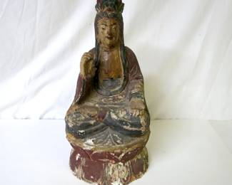 16th-17th C. Ming Dynasty Carved Wood Polychrome Seated Guanyin Statue