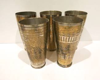 Early 20th C. Persian Silvered Bronze Engraved Beaker Set of Five