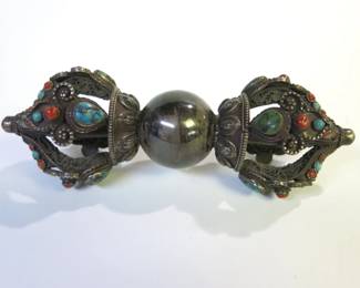 Antique Silver Dorje Vajra with Coral and Turquoise