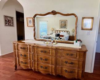 Vintage French Provincial Queen Furniture Suite: Headboard / 9-Drawer Long Dresser 21" W x 76" L / 6-Drawer Chest / 2-Drawer Nightstand (2)