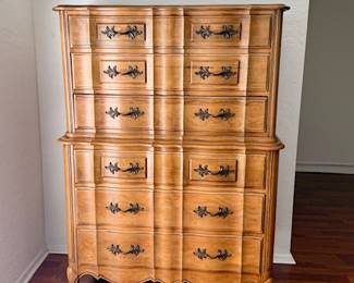 Vintage French Provincial Queen Furniture Suite: Headboard / 9-Drawer Long Dresser 21" W x 76" L / 6-Drawer Chest / 2-Drawer Nightstand (2)