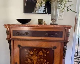 Antique Louis XV-XVI transition style w/inlaid floral marquetry - marble-top - 1 drawer - 1-door cabinet