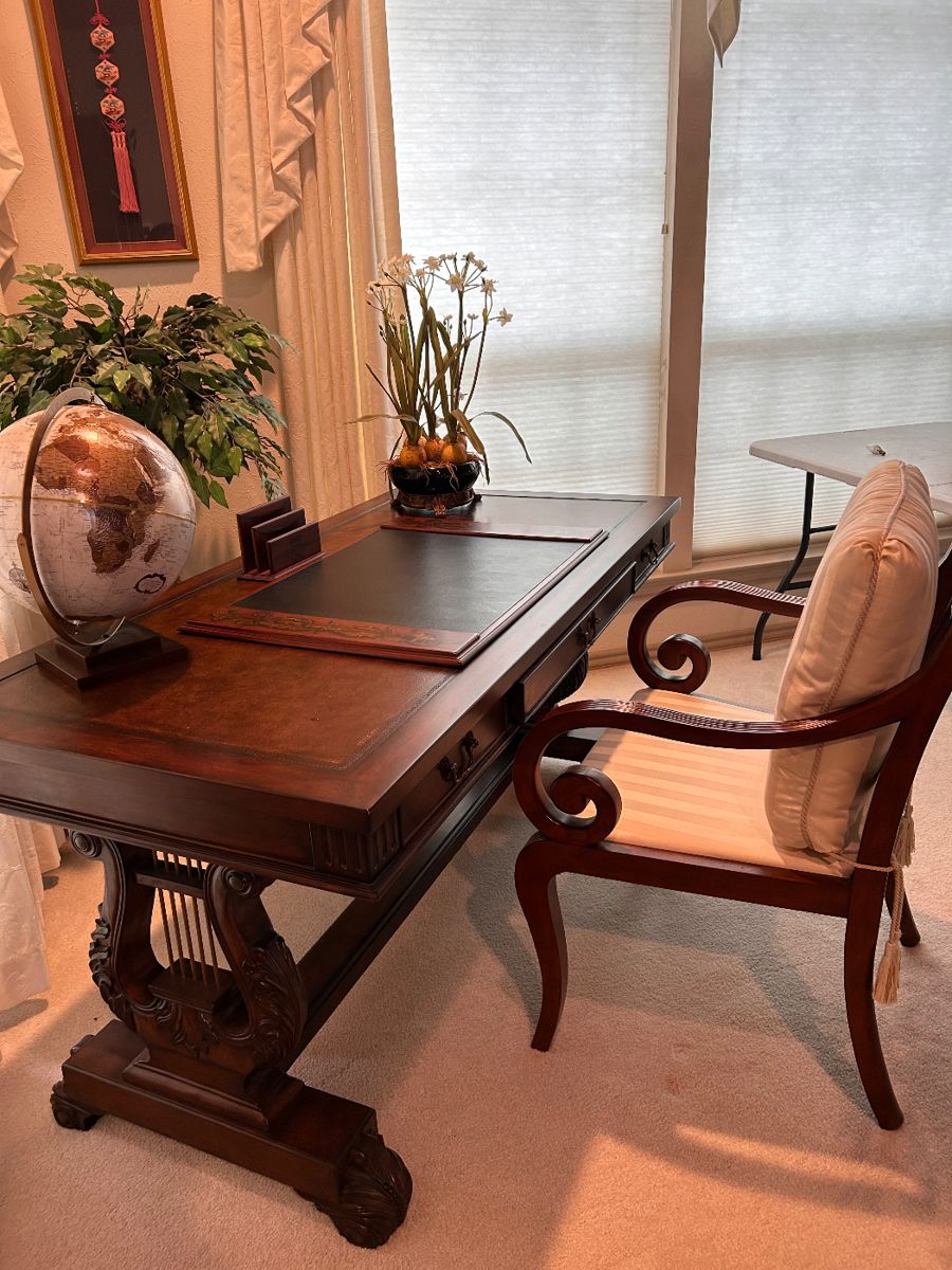beautiful leather top wood desk with lyre designs