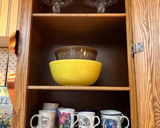 mugs, vintage PYREX mixing bowls