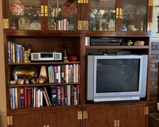 entertainment/curio center, wood and brass