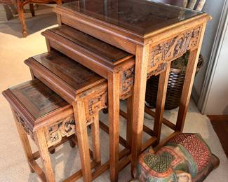 4 nesting tables, carved wood with glass tops