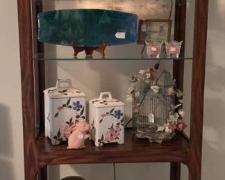 wood and glass lighted etegere with adjustable shelving