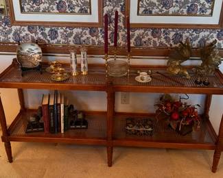 sofa table, wood, wicker and glass