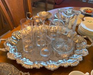 gorgeous silver plated footed tray and crystal lemonade set